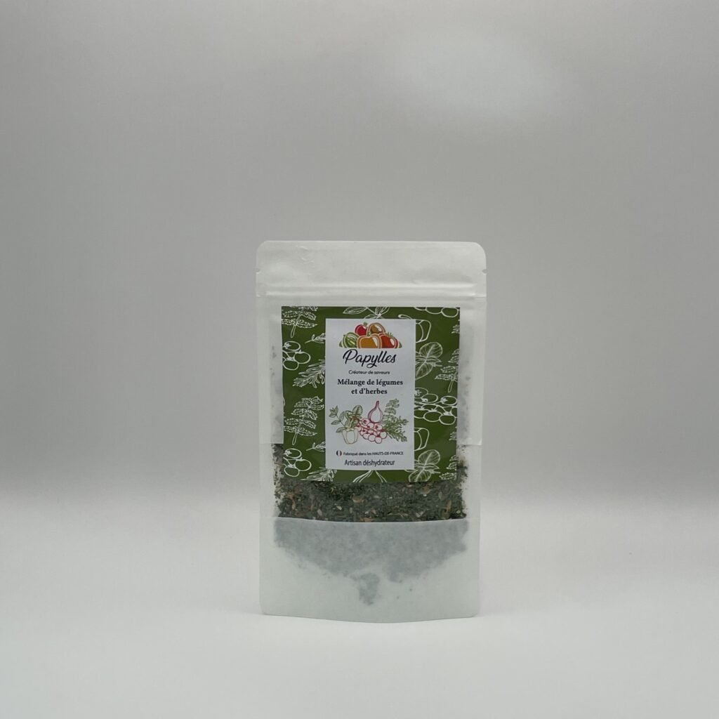 Mélange de légumes et d'herbes déshydratés Papylles, fabriqué à Tourcoing dans les Hauts-de-France